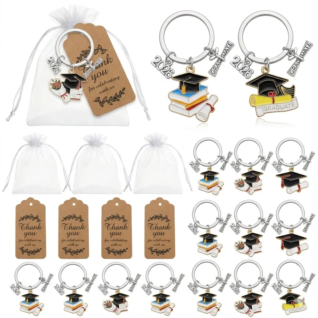Conjunto de Chaveiros de Formatura 2026 (10 Peças) – Presentes de Agradecimento com Sacolas de Organza, Etiquetas Kraft, Diploma, Certificado, Livro, Buquê e Pingente de Liga Metálica