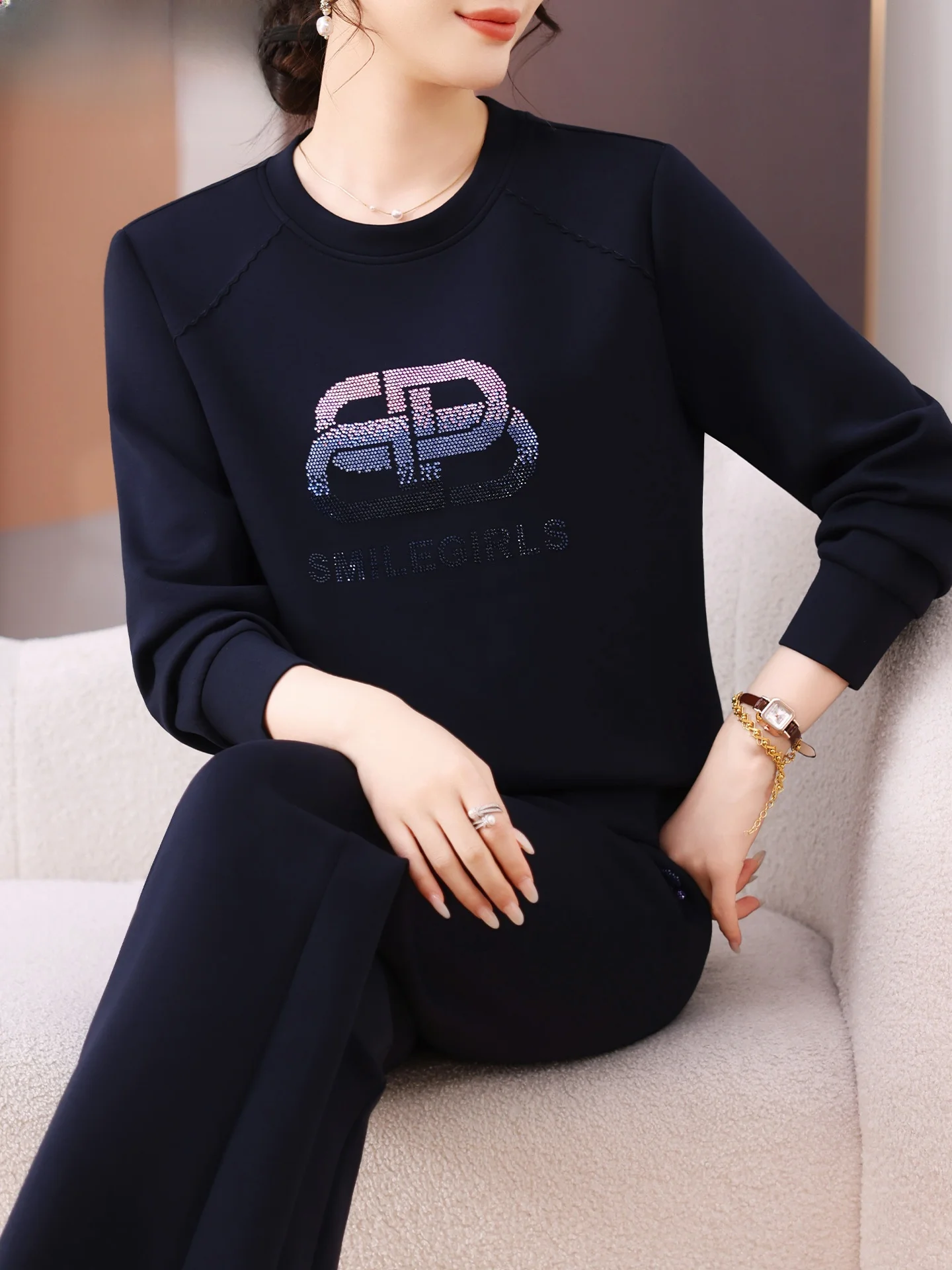 

Casual Sportswear Set for Older Women Long Pants Loose Fit round Ne ort Sve Two Piece Suit Korean Sle Daily Wear