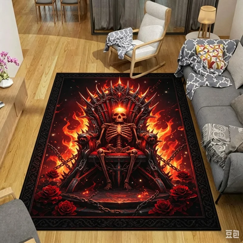 Fiery Skull Cross Red Rose Print Large Area Floor Rug, Gothic Dark‑style Home Carpet for Living Room,Household Floor Decoration
