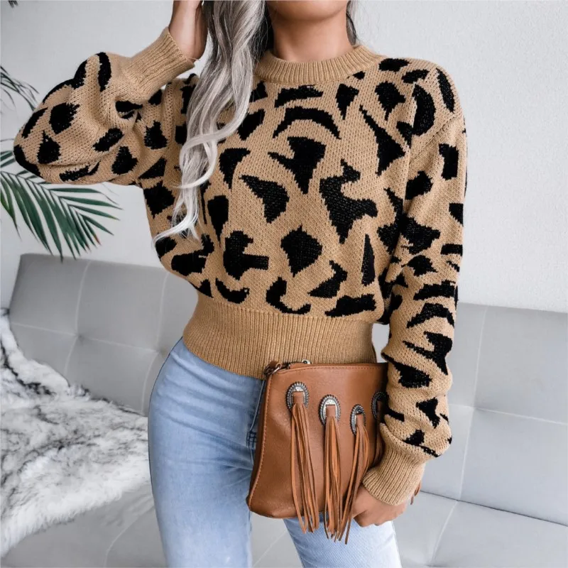 Ladies' Knitted Fashion Sweater Round Neck 2024 Autumn/Winter Casual Leopard Pattern Waist Umbilical Sweater For Warmth Trend