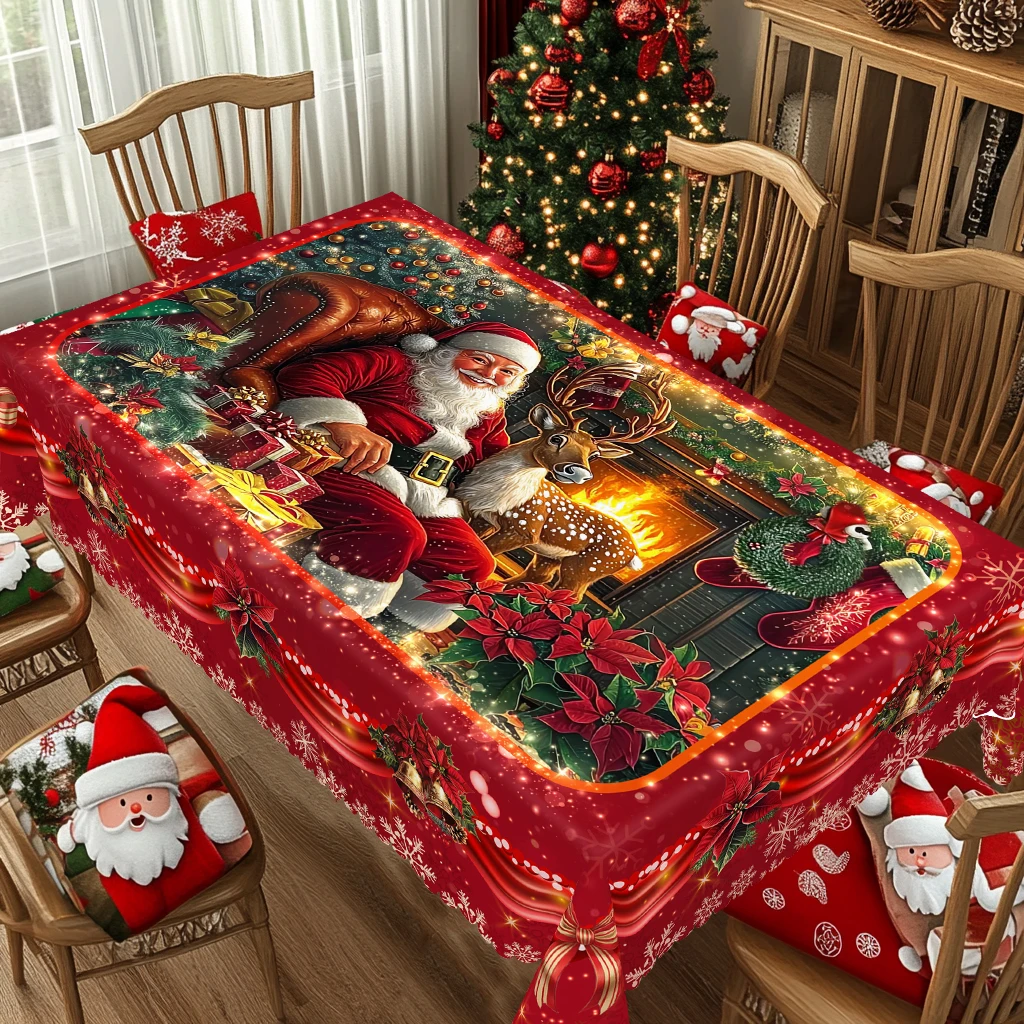 قطعة واحدة من مفرش المائدة المطبوع بطابع عيد ميلاد سعيد أحمر، نمط مزرعة ريفية قديمة، سانتا كلوز، تصميم نمط زهرة عيد الميلاد لعيد الميلاد، حفلة رأس السنة، ملحقات الحفلات، ديكور الغرفة والديكور الخارجي، هدية للأصدقاء