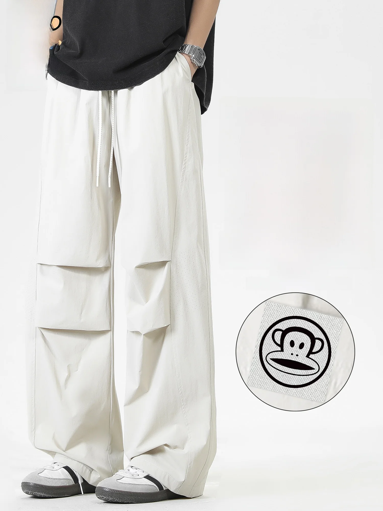 

PaulFrank Qui Dry Men's Casual Pants Summer Thin Loose Pleated Paratrooper Workwear Straight Leg Elastic Waist Youthful