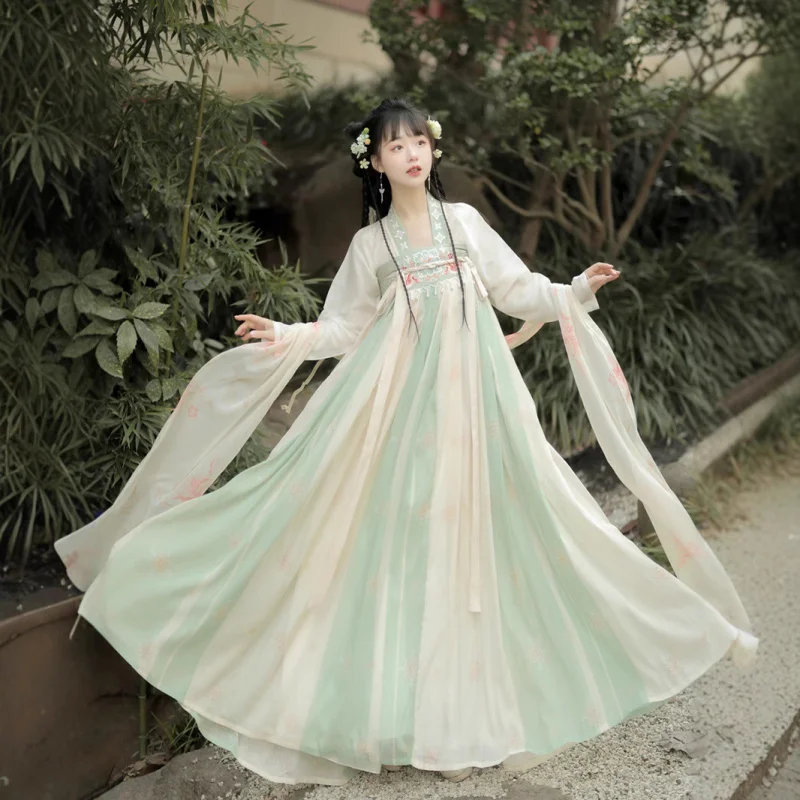 المرأة الأصلية Hanfu تانغ سلالة مستوحاة Qixiong Ruqun الزي النمط الصيني ربيع الخريف ارتداء اليومي مع الأشرطة الكتف
