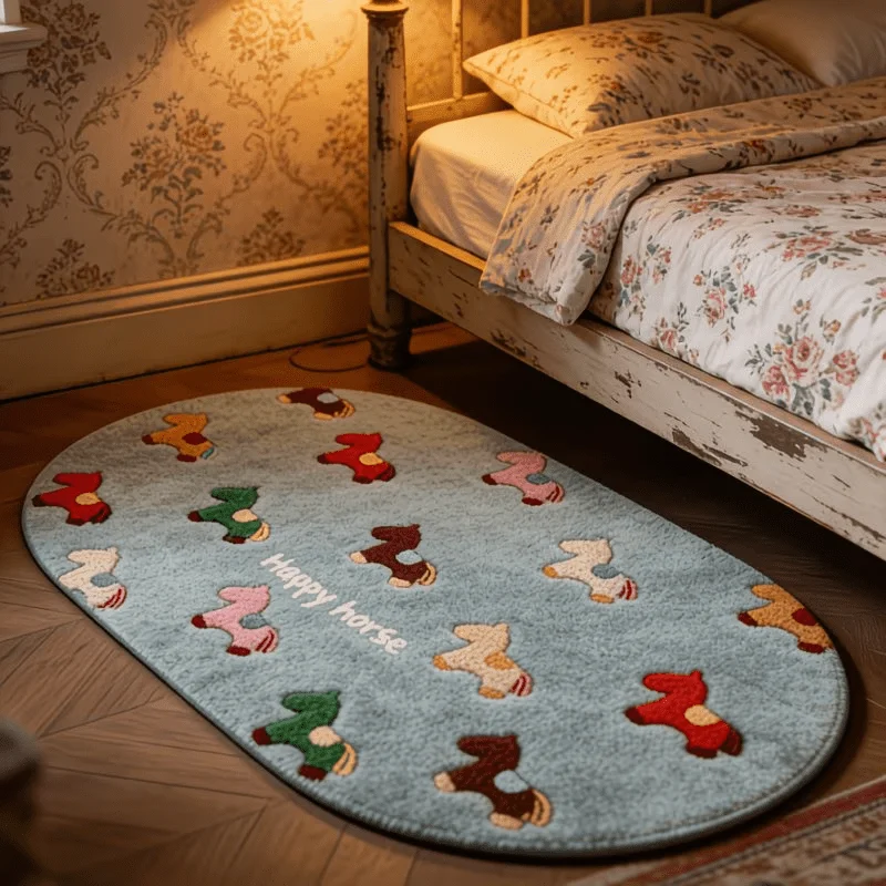 Oval Colorful Rocking Horse Flannel Bath Mat Fluffy Plush Skin Friendly Grip Bottom Kids Bathroom Rug For Nursery Toddler Shower