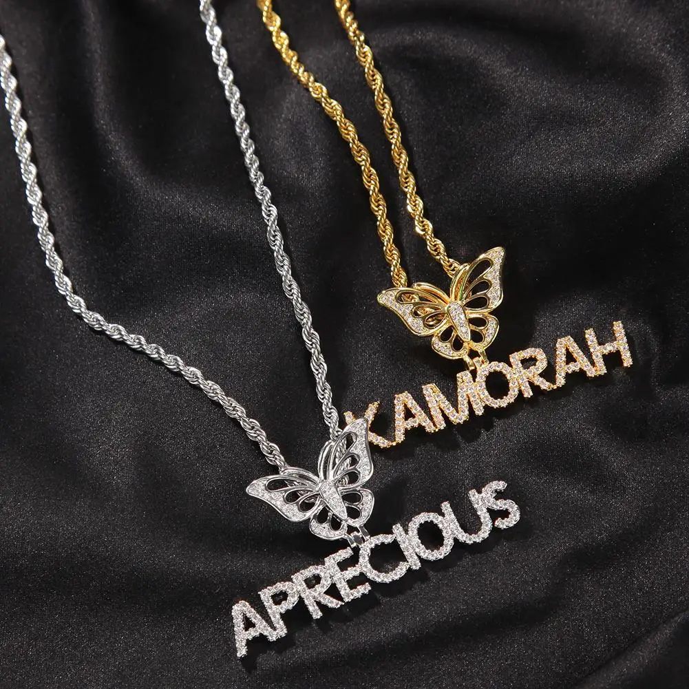 Uwin Custom Personalized Necklace Mini Letter With Butterfly Hook Cubic Zirconia Fashion Name Necklace Hiphop Jewelry 