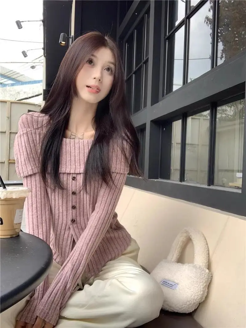 

Soft Wind One Shoulder Splice Square Collar Knitted Sweater Women's Spring Autumn Winter Slim Fit Split Fleece Base Top Trendy