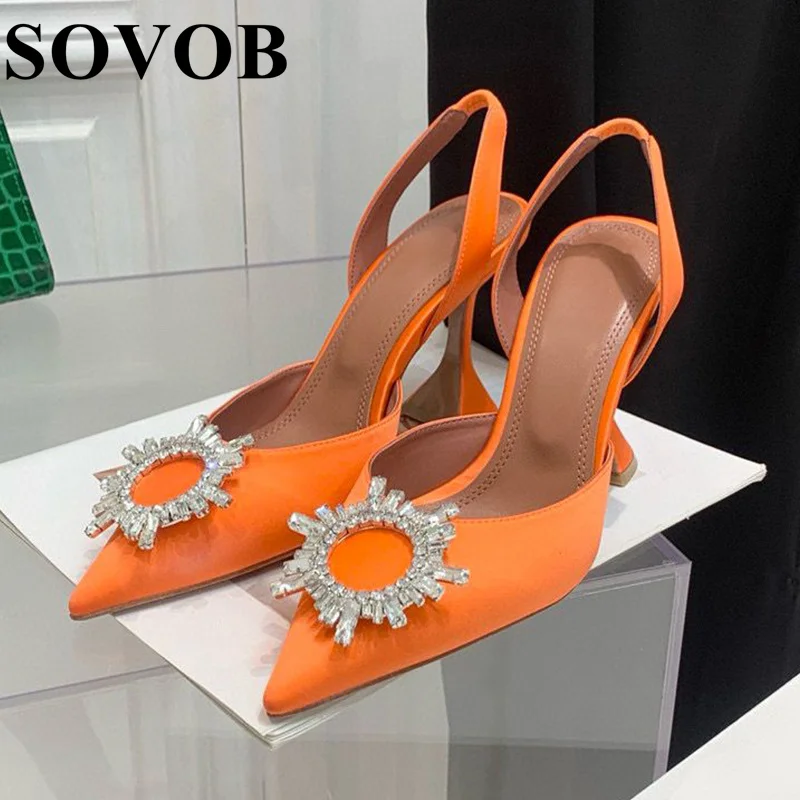 

Summer Silk Metal Water Diamond Decorative High Heels Women Pointed Shallow Mouth Elegant Sandals Party Dress Shoes Office Shoes