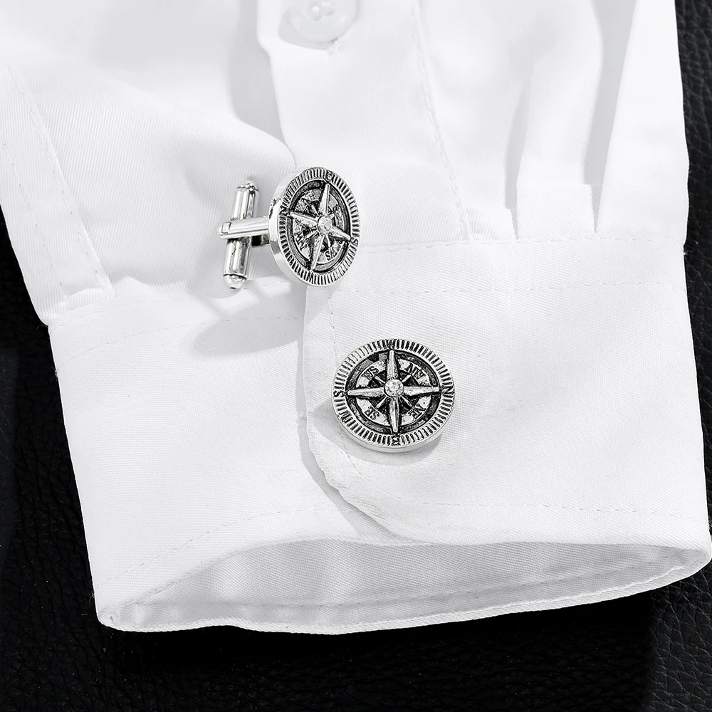 Vintage Mens Compass Design Round Cufflinks For Shirt Suit Tuxedo Blouse Jewelry Decoration