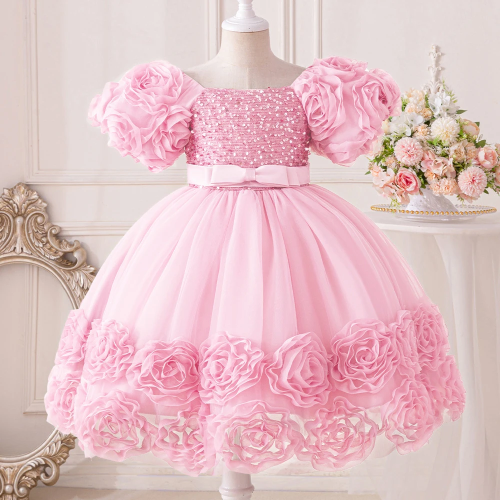 3D Flower Girls Party Princess Dress for Baby Christmas Gown 1-10 Yrs Birthday Bow Tulle Bridemaid Dresses Wedding Kids Clothing