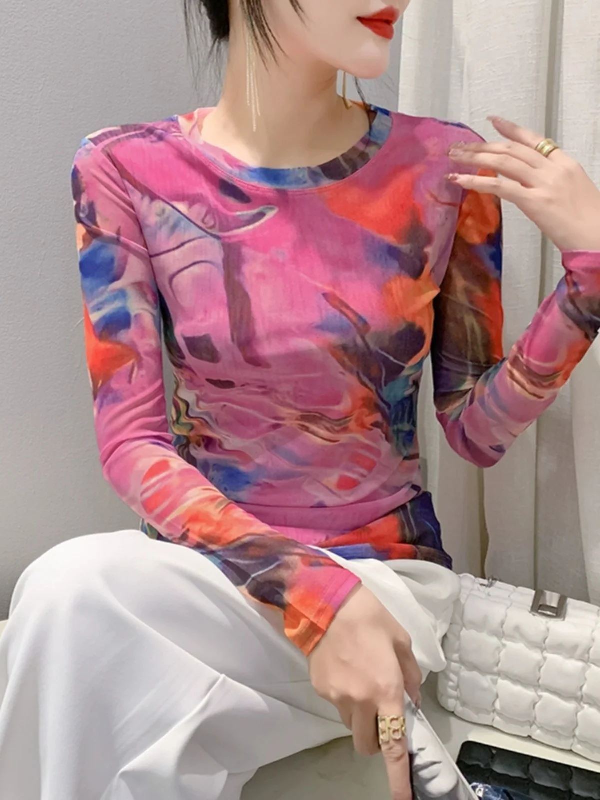 S-3XL Stretchy Mesh Tee TShirt Women O-Neck Full Sleeve Printing T-shirts Female Elegant High Stretch Slim Top