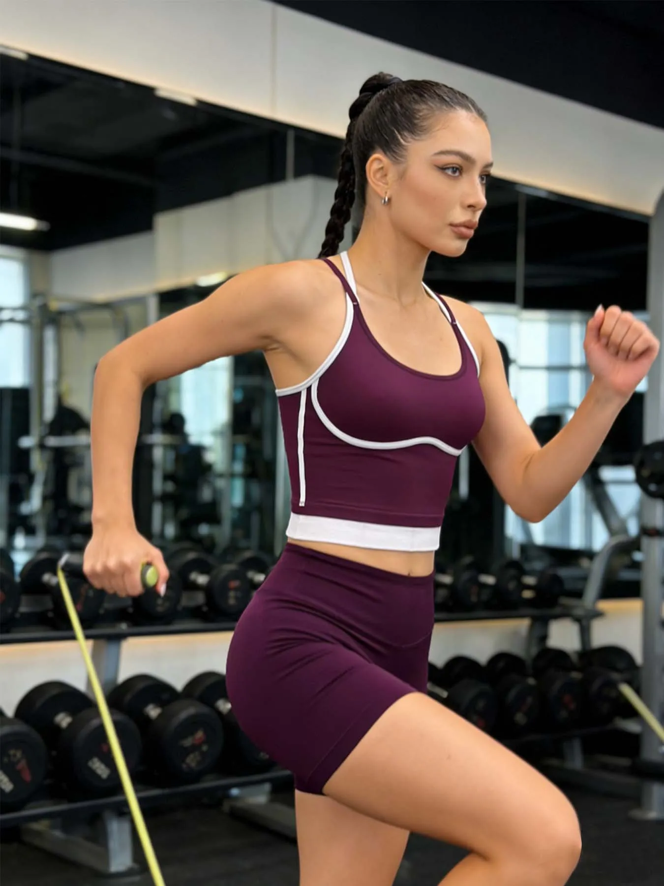 Women's 2 Piece Workout Set White Trim Sports Tank Top High Waist Biker Shorts Seamless Gym Yoga Outfit Tracksuit