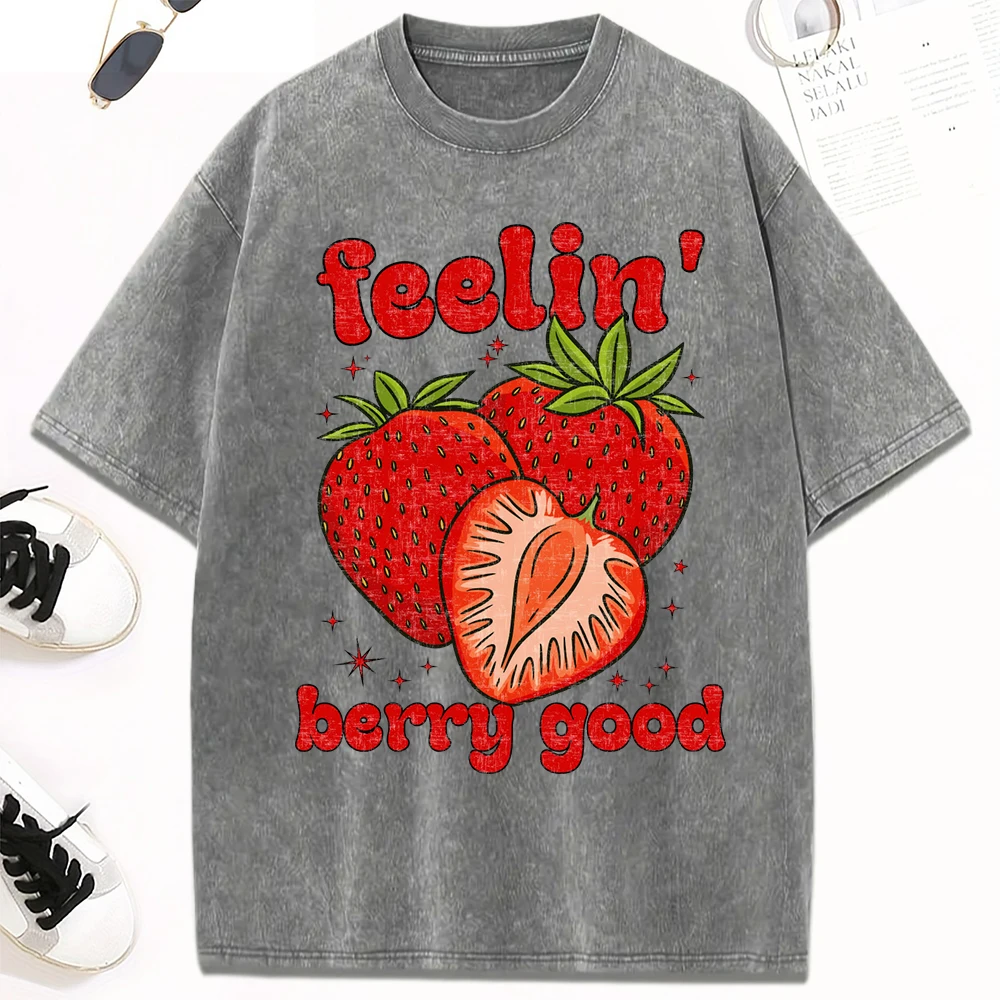 

Feeling Strawbreey Good Print Washed T-Shirt Women Y2K Comfortable Cotton Tee Shirts All-Match Cool Clothes Summer Loose Top