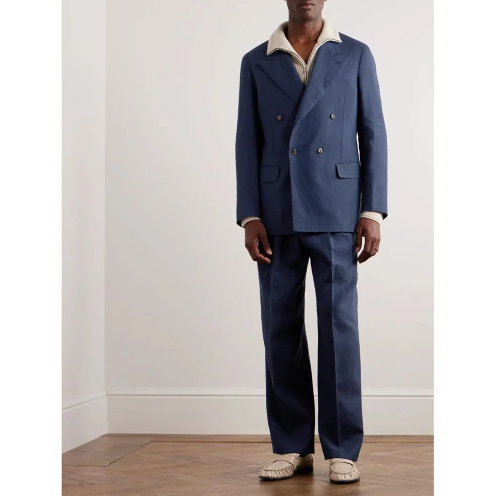 

Dark Blue Men Suits Wedding Evening Party Sets Double Breasted Peaked Lapel Formal Casual Custom Outfits 2 Pcs Jacket+Pants