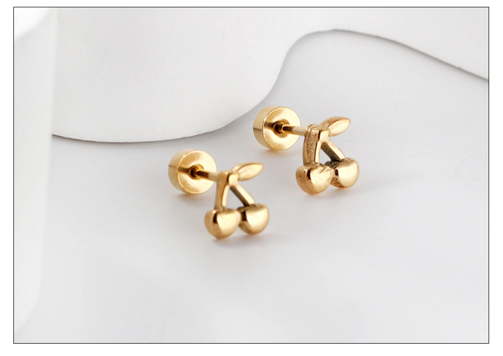 Nette Kirsche Casual Frauen Ohrringe Vergoldet Edelstahl Schraube Zurück Aretes De Mujer Ohr Stud Party Schmuck Geschenke Wasserdicht – Detail 5