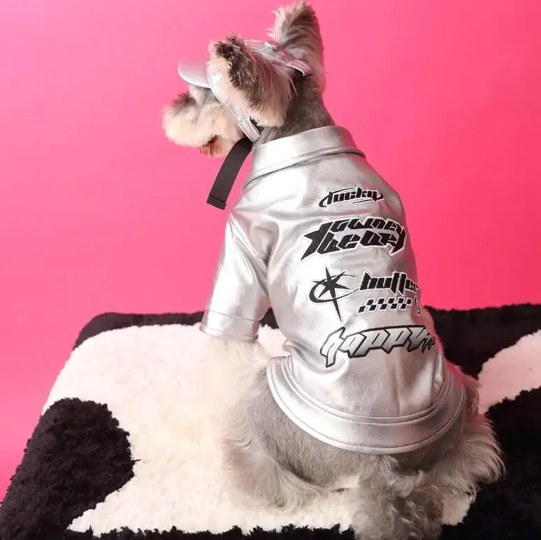 Silver MOTO Rider Leather pet French Bulldog suit dress Jacket Trench Coat Dog Motorcycle PU clothes coat