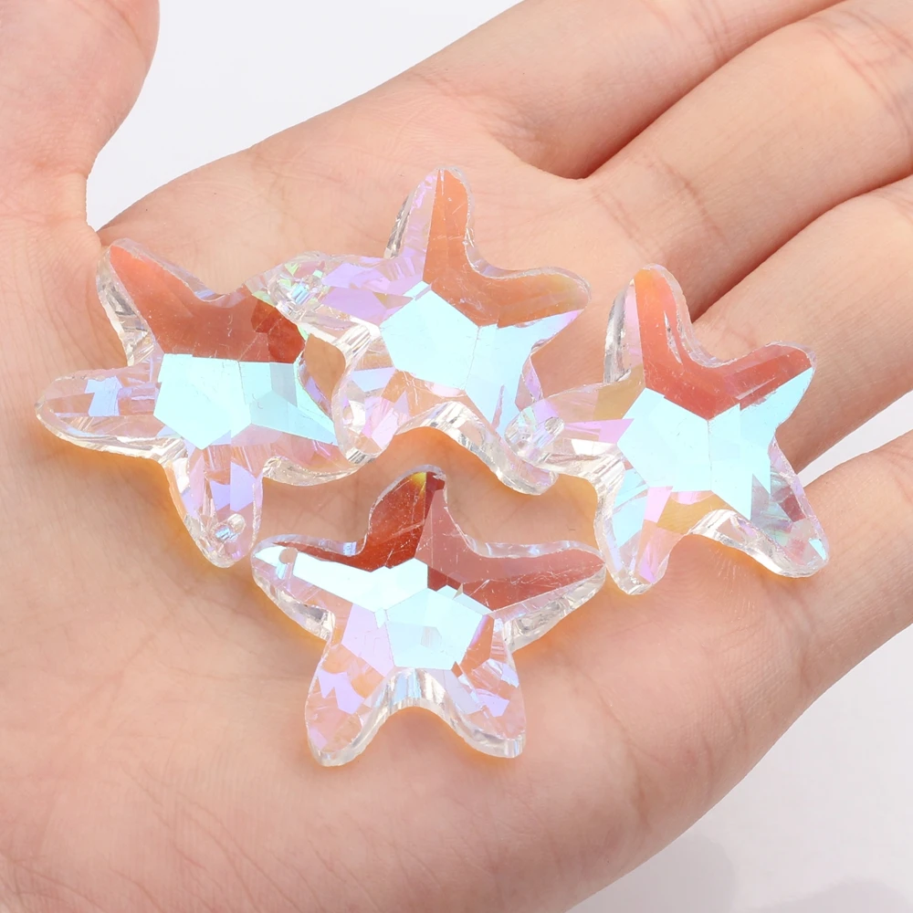 30mm 6pcs/lot Crystal Glass Starfish Loose Beads Rainbow Color Sea Star Beads Charms For DIY Handmade Jewelry Earring Making