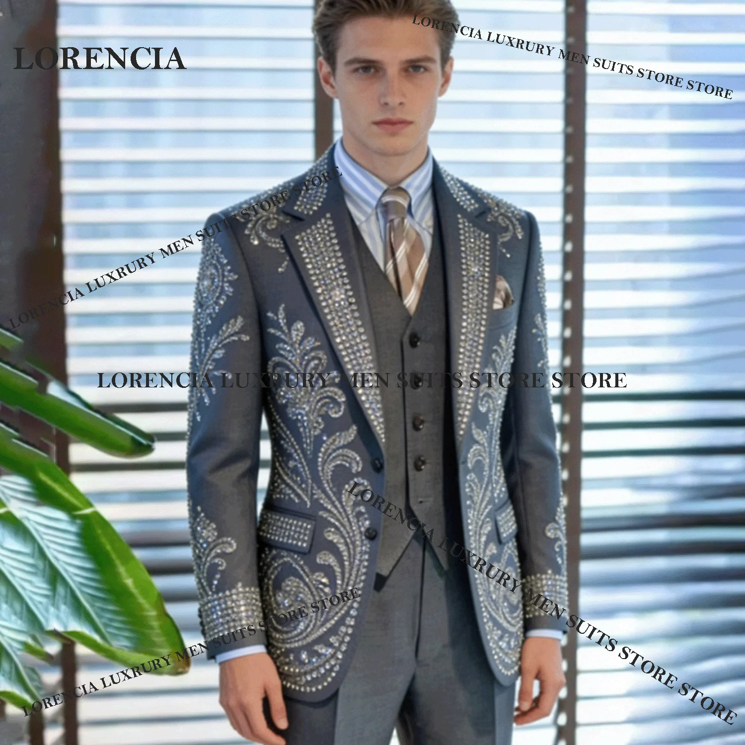 

Exquisite Diamond Men Suits Customized Sparkly Lapel Wedding Groom Tuxedos 3 Pieces Sets Male Prom Blazer trajes para hombre