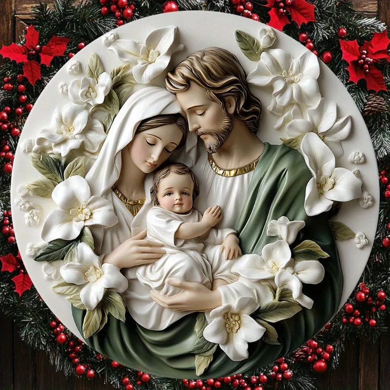 

Aluminum Metal Flat Sign, The Birth Scene of Jesus Theme Round Wreath Sign, Home Wall Decor Art, Ideal Christmas Gift