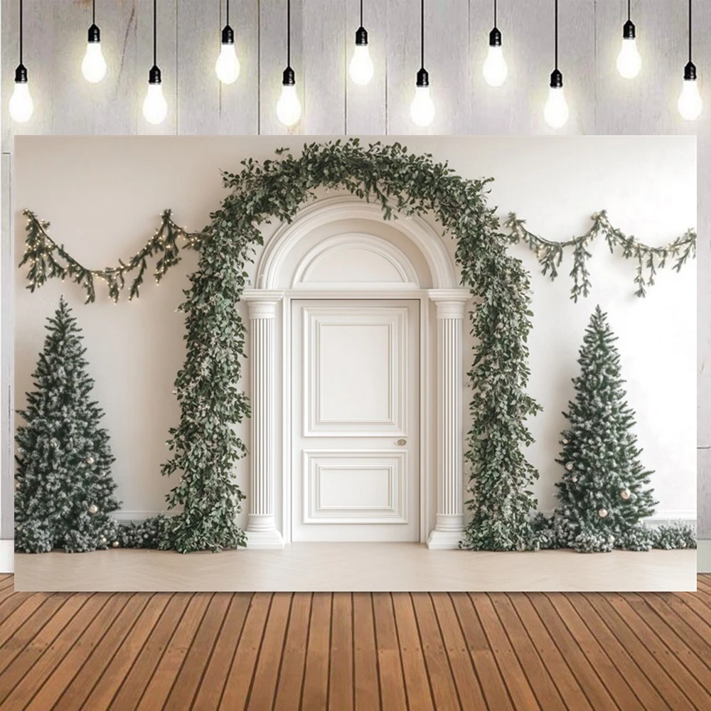 Christmas Vintage Theme Backdrop Kitchen Living Room Wooden Cabinet Wreath Sofa Festivial portrait Party Photo Background Decor
