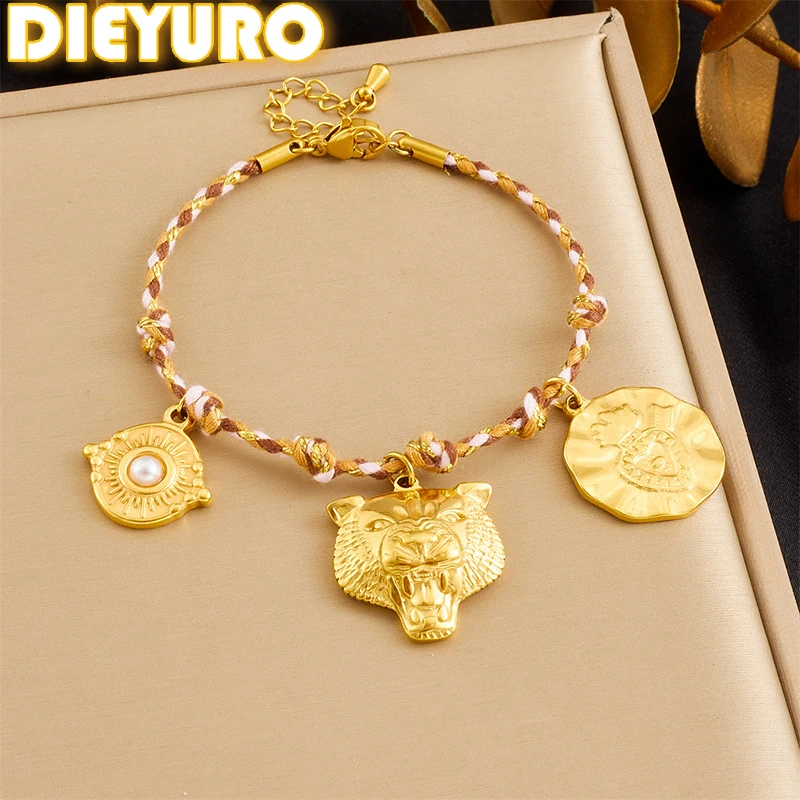 

DIEYURO 316L Stainless Steel Golden Golden Leopard Head Eye Pearl Bracelet Lady New Vintage Colorful Handmade Rope Chain Jewelry