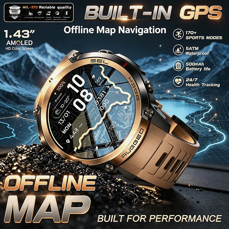 2026 NEUE Militärische Taktische Smartwatch mit Integriertem GPS, Offline-Karte, Kompass, Höhenmesser, 5ATM Wasserdicht, Schwimmen, Tauchen, Sport, HD-Anruf-Uhr