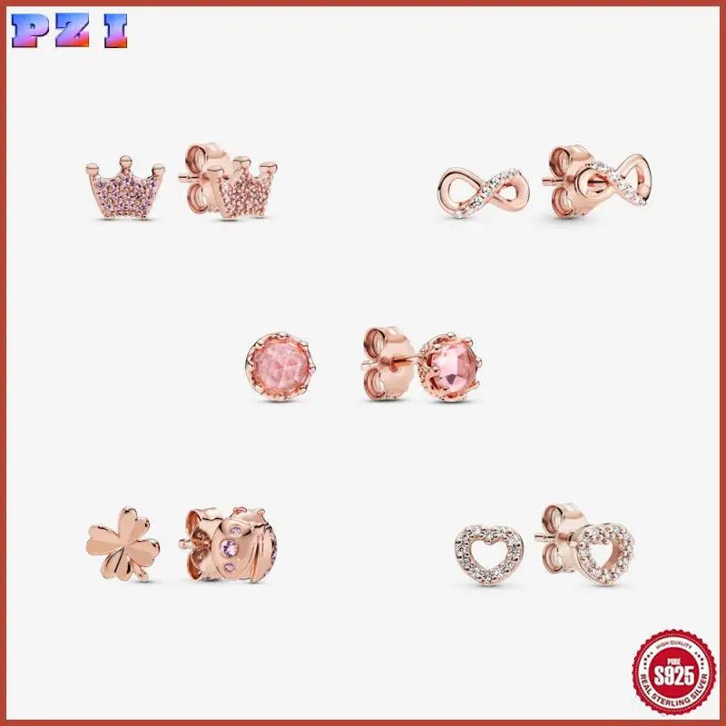 

2025 Original Authentic 925 Sterling Silver Sparkling Rose Gold Crown Pandore Earrings Women Fashion Jewelry Gift