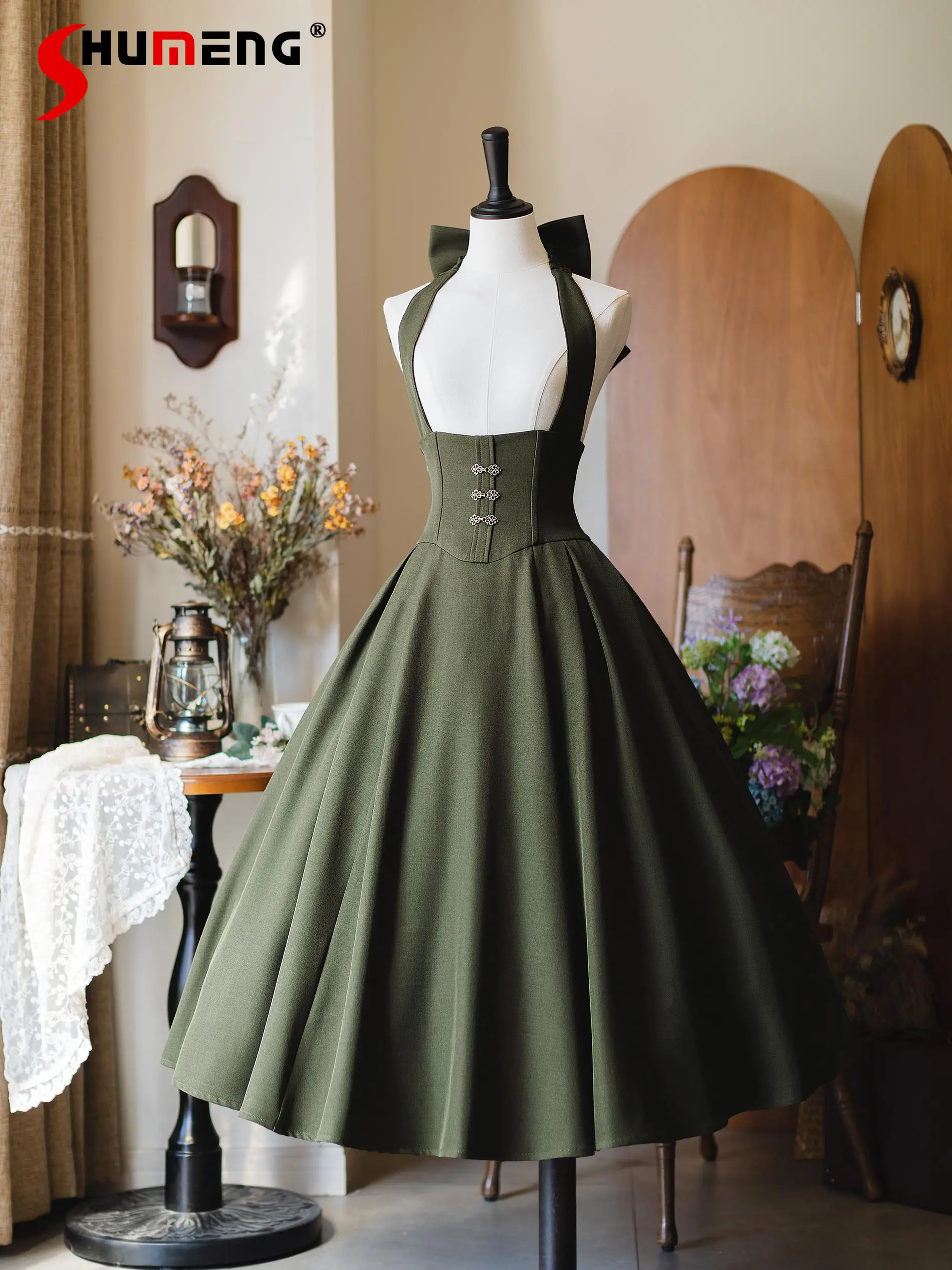 

French Elegant Classical Lolita Retro Bow Neck High Waist Fishbone Slim Fit A-line Pleated Big Swing Long Skirt Women Autumn