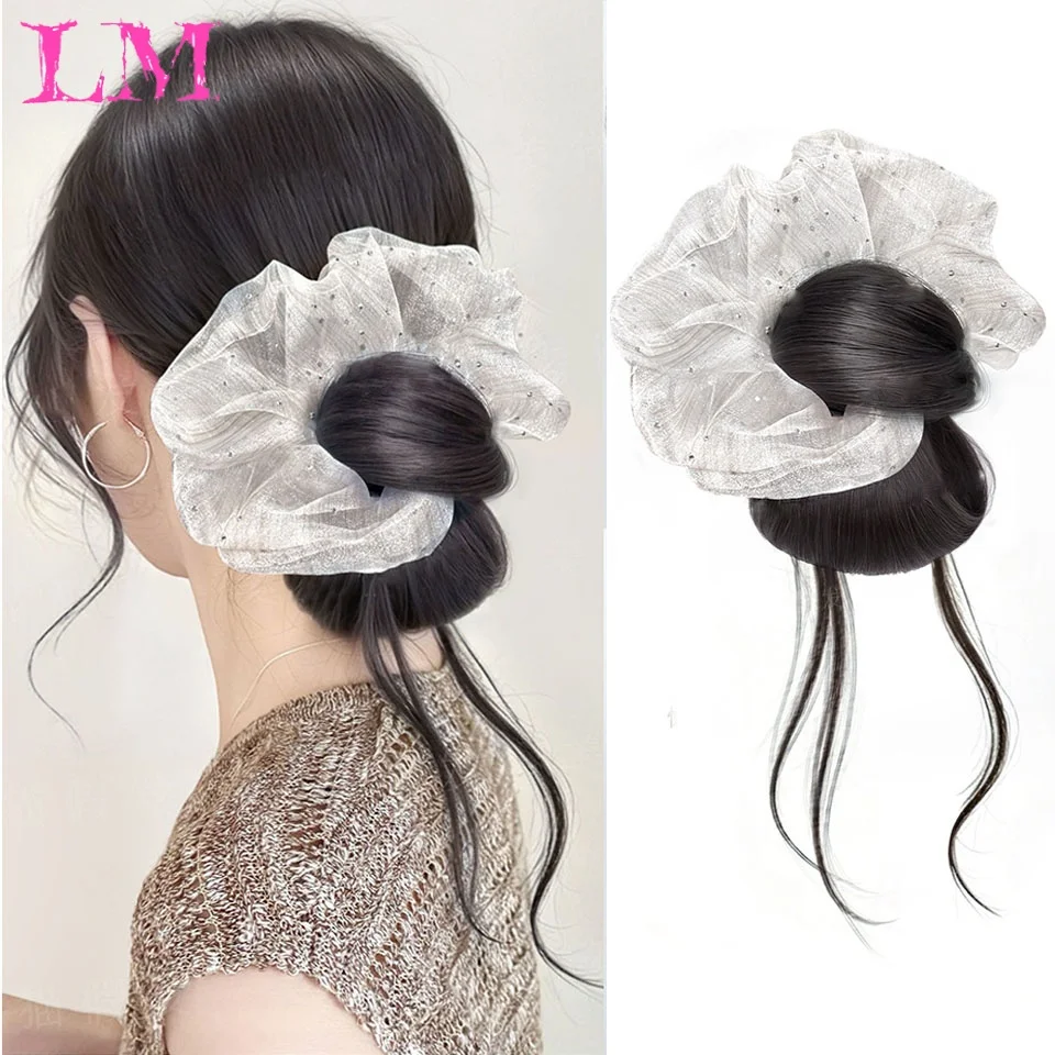 LM Glitter Tulle Flower Hair Bun Hairpiece, Natural Black Synthetic Chignon with Wispy Strands for Women Daily Styling