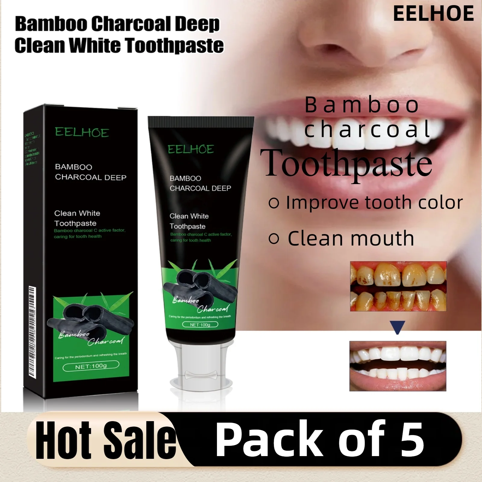 5pcs Bamboo Charcoal Toothpaste Deep Cleaning Yellow Tooth Stains Removal Bad Breath Whitening Tooth Care Toothpaste 100g