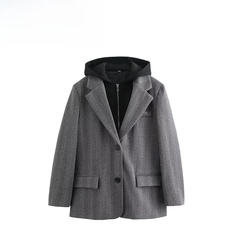 

ZAB Autumn New Women's Faion Hooded Patchwork Herringbone Suit Jaet Long Sve Versatile Sle 4387368