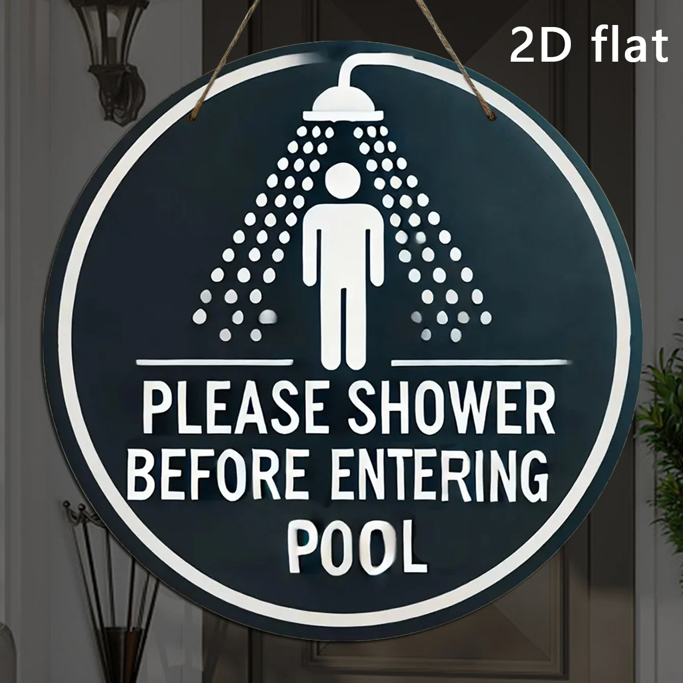 Letrero de reglas de piscina de madera plano 2D, 1 unidad, aviso redondo 'por favor de la ducha antes de entrar en la piscina", estilo clásico, colgante de pared, sin electricidad