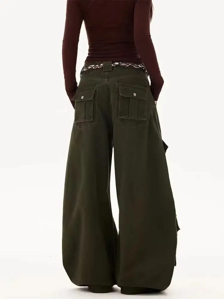 2026 American Retro Y2K Style Green Baggy Women's Cargo Jeans Pants Woman Clothing Wide Leg Multi Pockets Cotton Long Trousers