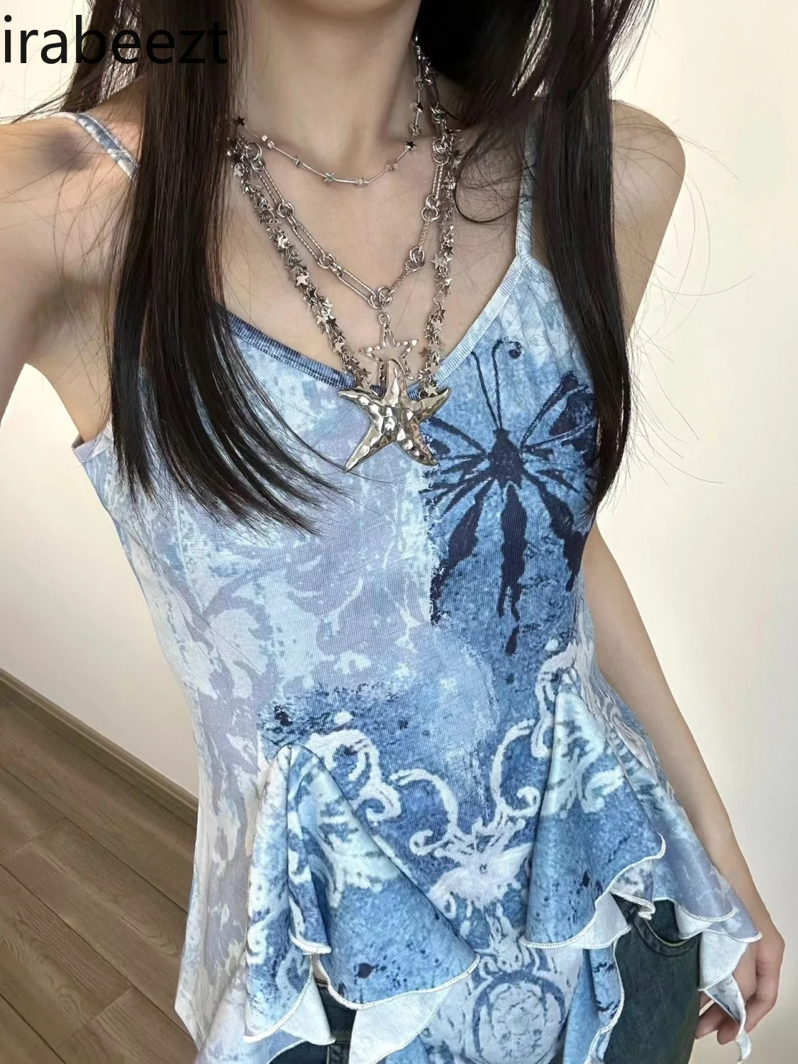 Blue Mottled Print Ruffled Wave Romantic 2024 New Knitted V-neck Strap Temperament Design Sense of Top Women Camisoles