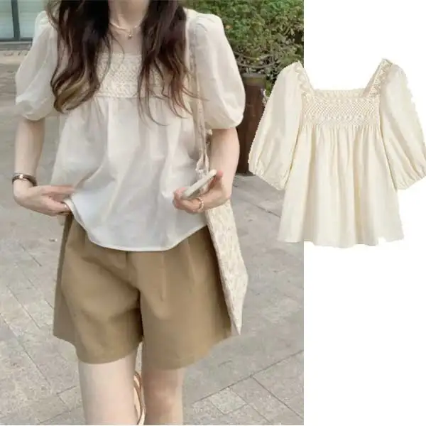 Chic Women Cotton Tops Hollow Square-neck Shirt French Loose Bubble Sleeve Lace Blouse