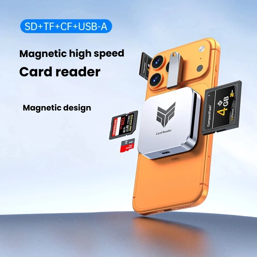 TISHRIC 4 in 1 USB TF CF SD Card Reader OTG Card Reader Portable Ultra-Thin High-Speed Magnetic For Phone Camera Laptop Computer