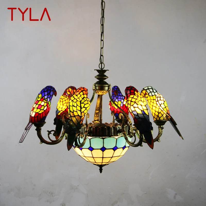 TYLA Tiffany Parrot Chandelier LED Vintage Creative Color Glass Pendant Lamp Decor for Home Living Room Bedroom Hotel