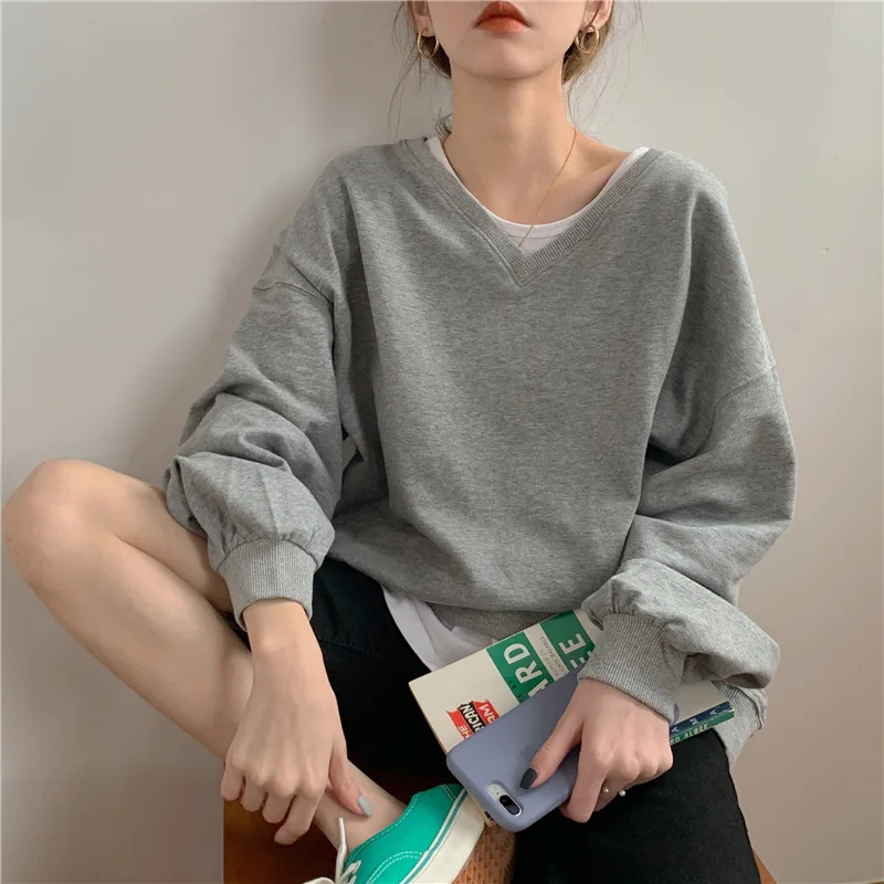 Sweatshirt Women Long Sleeve Korean Streetwear 2022 New Fashion Autumn Solid Color V-Neck Thin Pullover Tops