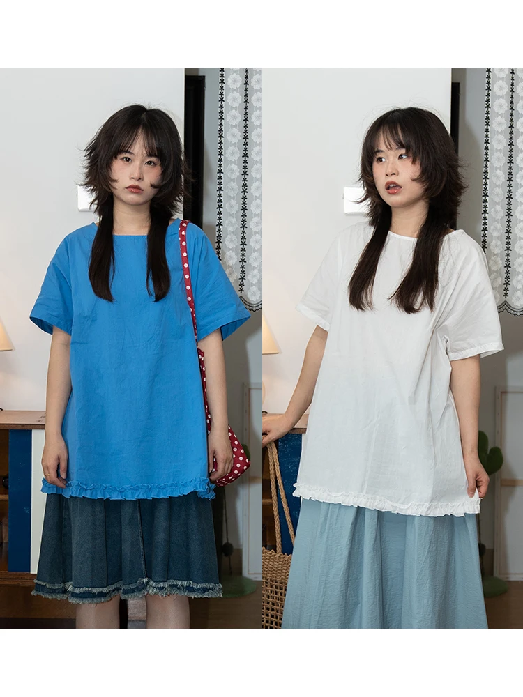 

Retro Japanese Sle Loose Fit ort Sve irt T-irt Pure Color with Wood ain Spring Summer Women's Casual Top