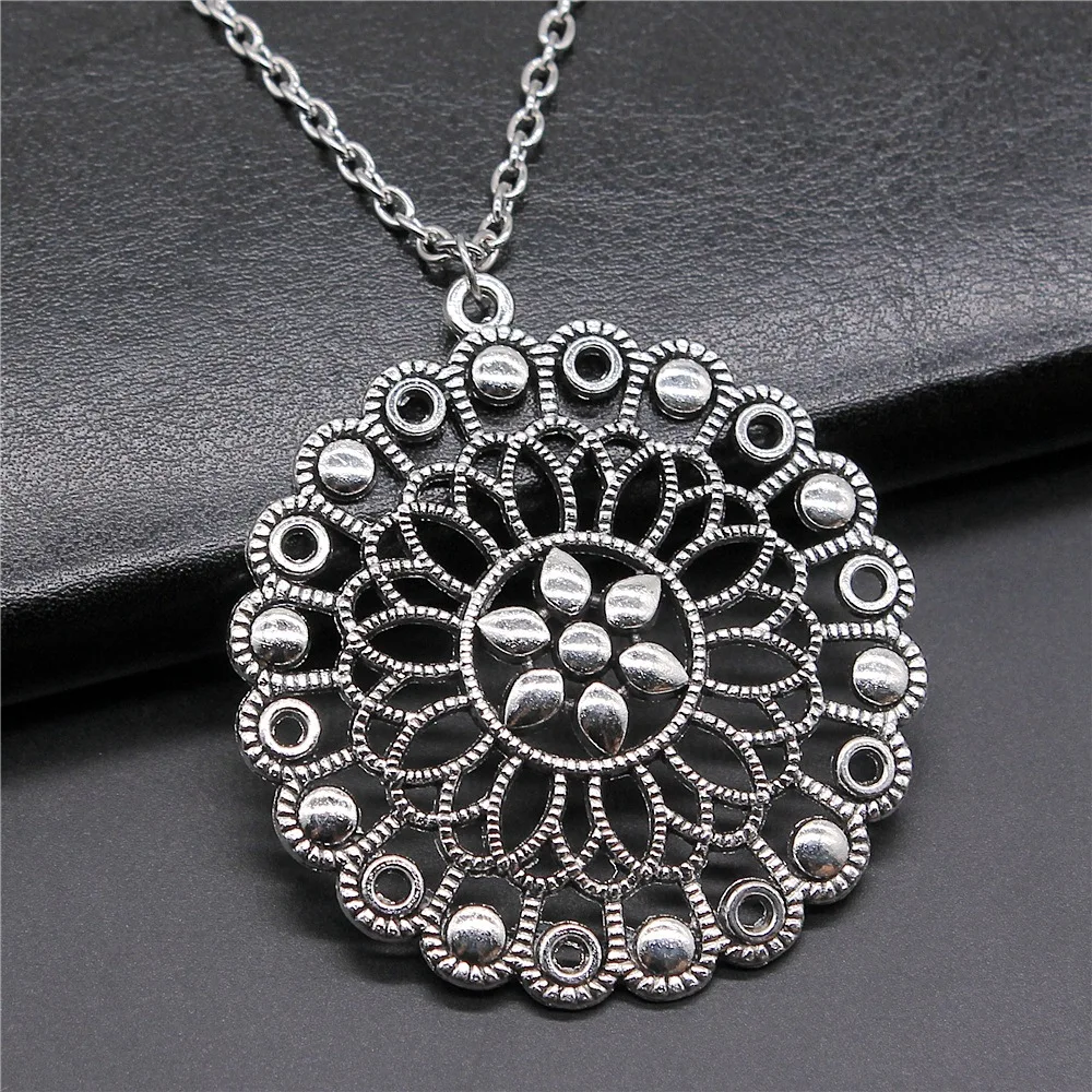 Fashion Vintage Antique Silver Color 57x53mm Motif Pendant Necklace For Women Men Long Chain Trendy Jewelry Accessories