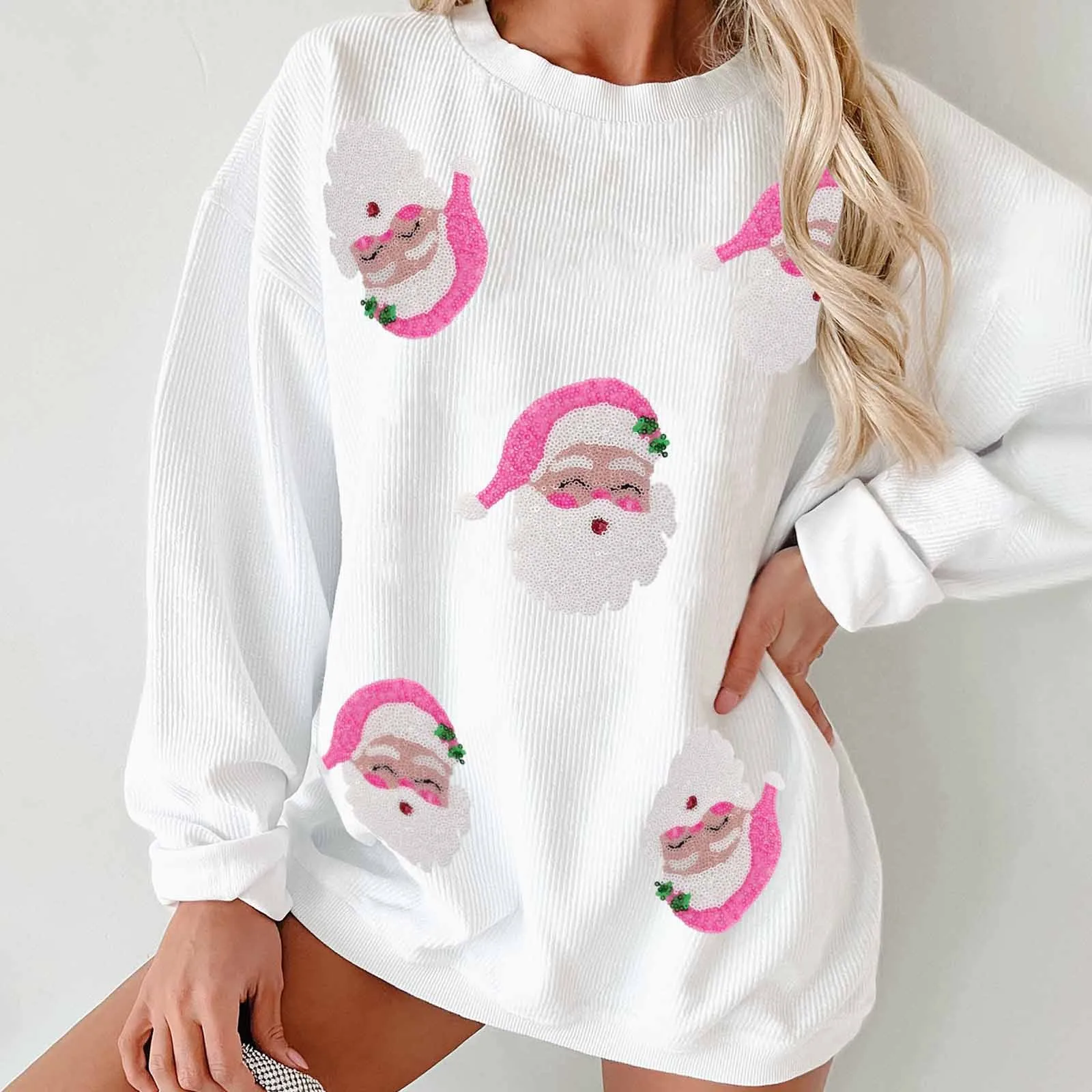 Women Sequin Christmas Print Casual Sweatshirts Cute Cartoon Santa Claus Head Pattern Long Sleeve Crewneck Loose Pullovers Tops