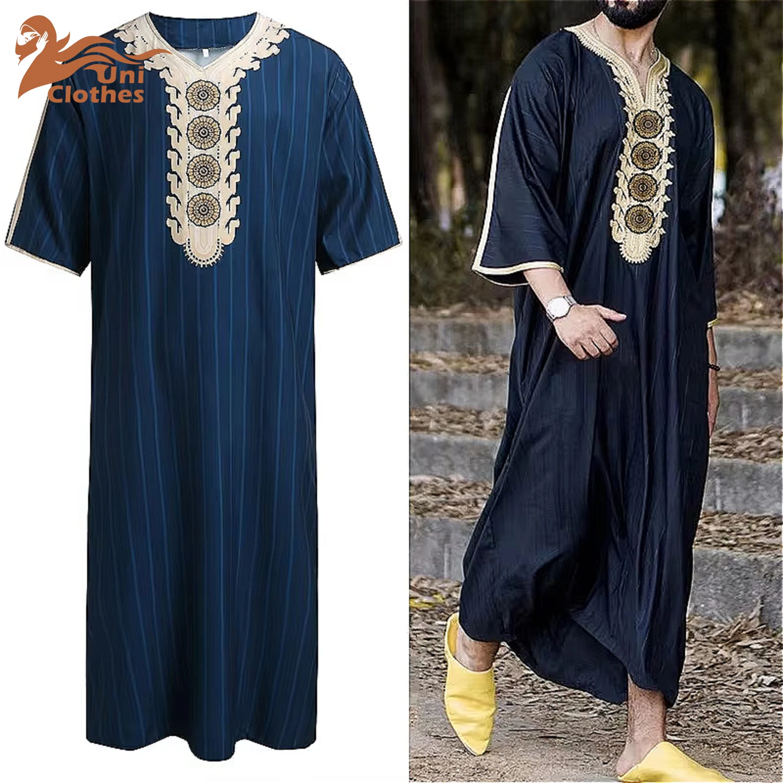 UNI 2024 Abbigliamento da uomo musulmano Marocchino Abito ricamato a righe ricamato a mano allentato traspirante Jalaba Abaya Abito da uomo arabo