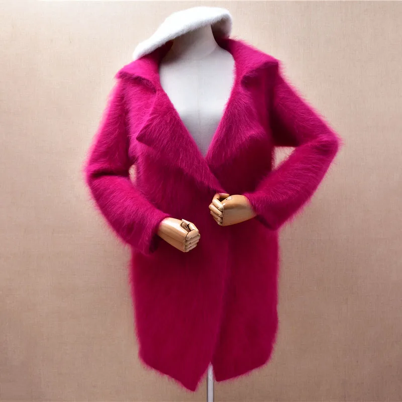 

Heavy Thick Women Mujer Fashion Hairy Plush Mink Cashmere Knitted Suit Collar Long Sleeves Medium Long Sweater Cardigans Jacket