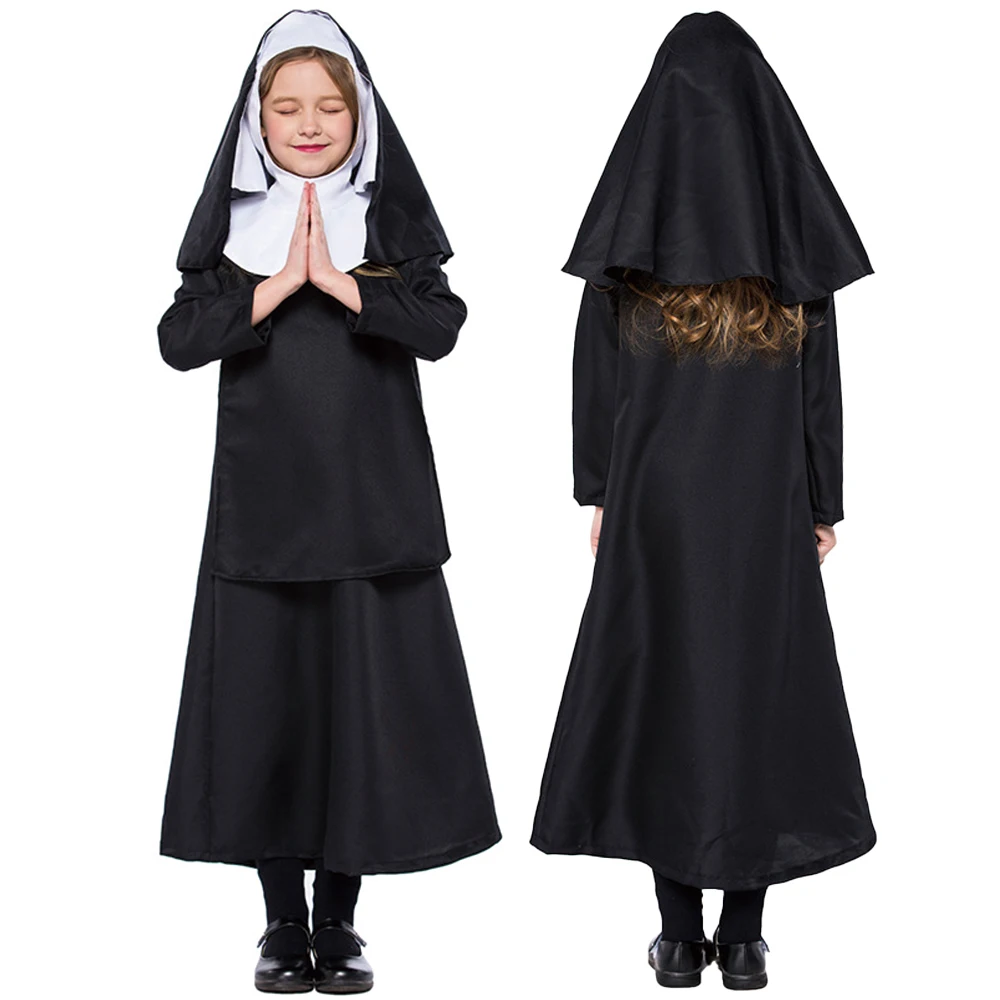 Kids Girls Nun Cosplay Uniform Catholic Sister Black Robe Dress Children Boys Priest Costume Purim Halloween Party Fancy Dress