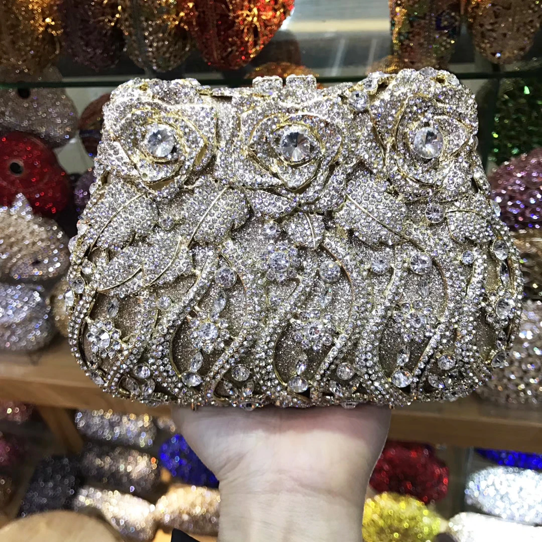 Luxury Flower Diamonds Women Evening Bag Rhinestone Clutches Gold/Silver 32 Colors Wedding Bridal Handbag Crystal Party Purses