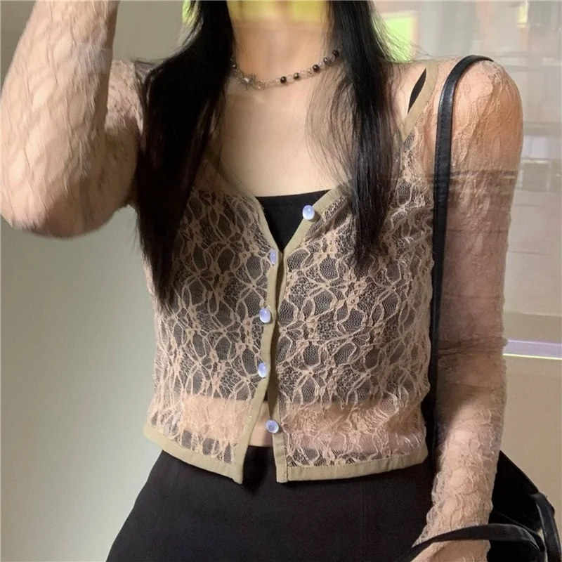 Lace Shirts Women Elegant Aesthetic Chic Cozy Summer Sun-proof Crop Tops French Style Hollow Out Vacation Fashion Ins All-match