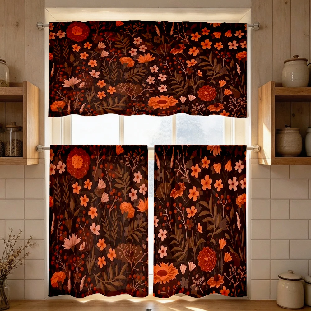 Floral Kitchen Curtains, Dark Brown Orange Flower, Digital Print, Kitchen Dining Room, Rod Pocket Polyester, Home Decor