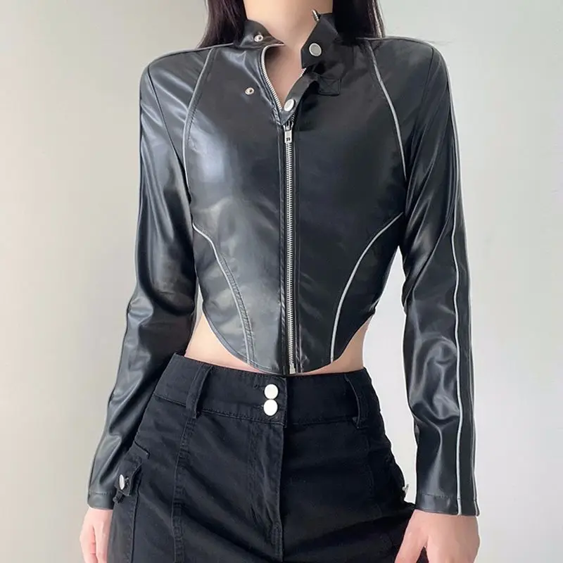 American motorcycle racing standing collar PU leather jackets women\'s zipper slim fit spicy girl tops jacket coat women clothes