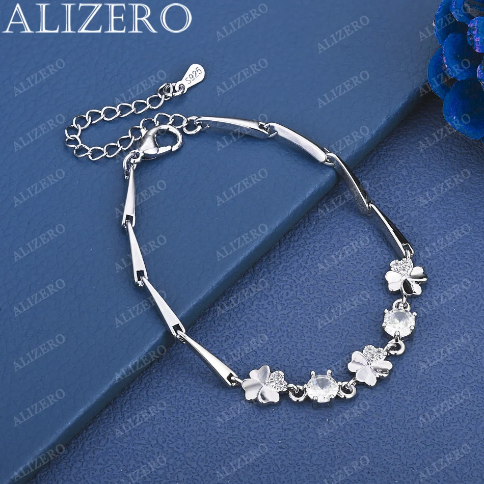 

ALIZERO 925 Sterling Silver Bracelet Zircon Lucky Clover Bracelets for Women Fashion Birthday Party Fine Jewelry Gifts