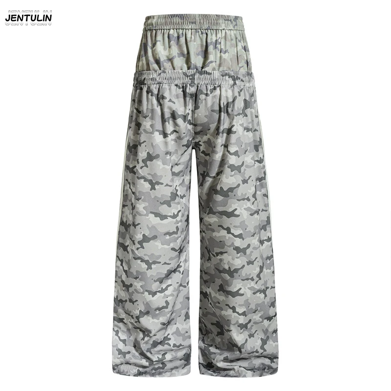 Aesthetic Splicing Double Waist Camouflage Pants Men Loose Retro Street Trendy Rock Design Sensation Fake Two piece Casual Pants