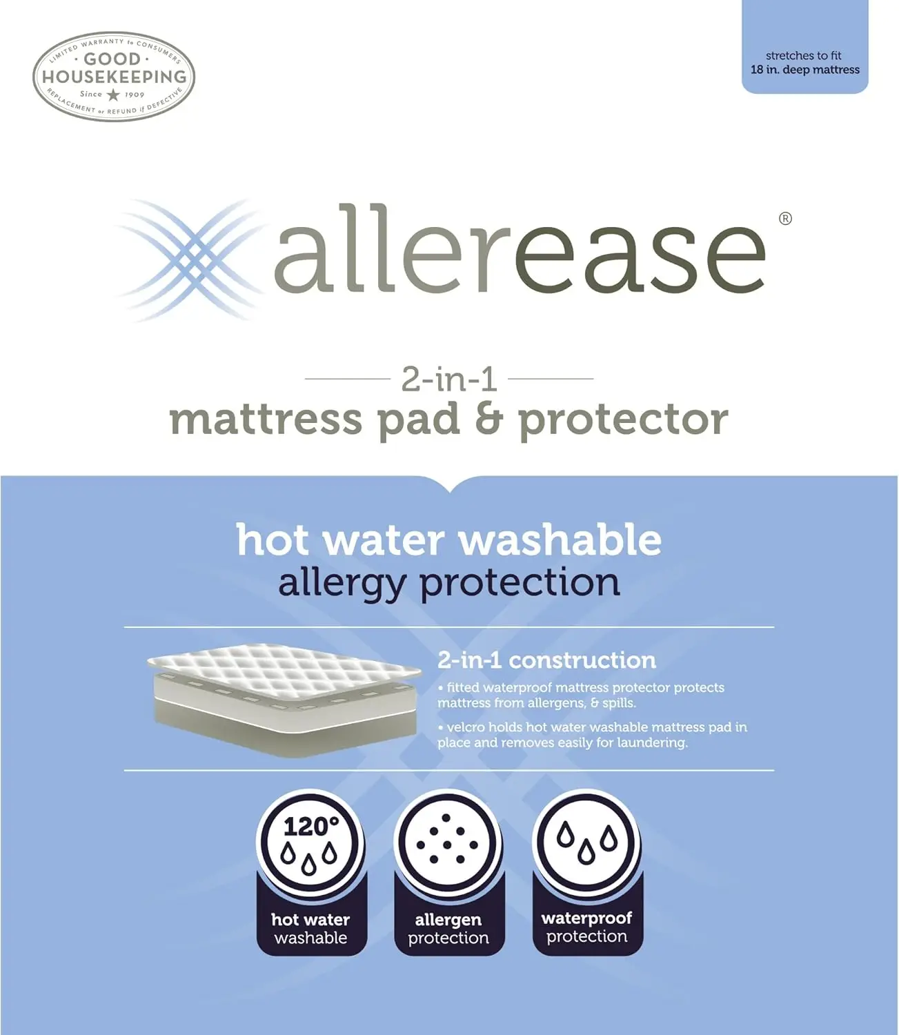 

Allerease 2-In-1 Hot Water Wash Mattress Pad With Removable Top, Twin Xl